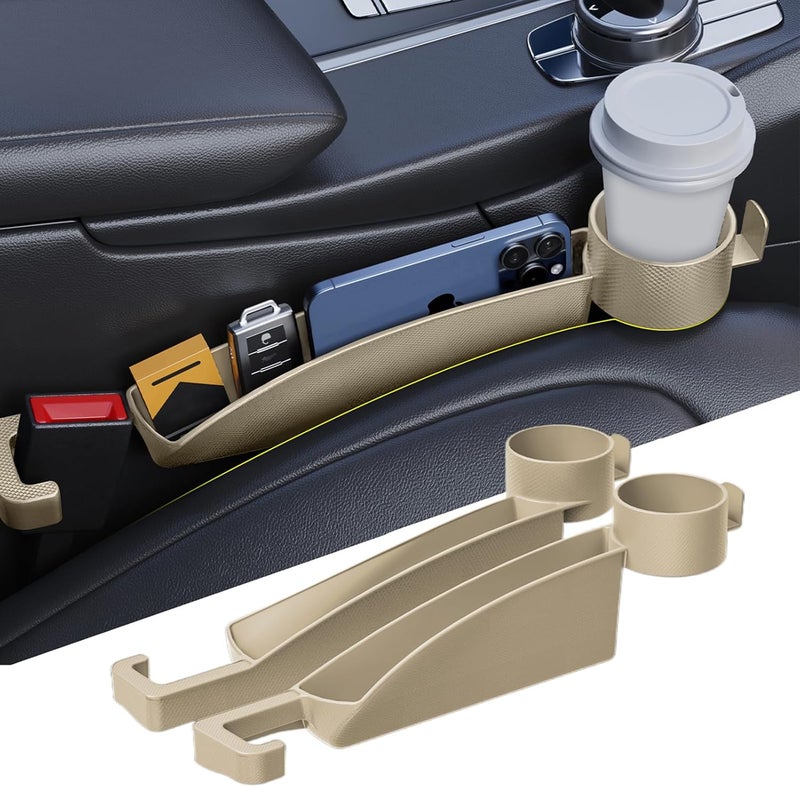 DDTPDE Car Seat Gap Filler Set of 2, Upgraded Car Side Seat Gap Fillers with Organizer, Cup Holder & Hook Function, Inserts Between Front Seats Console Catcher 4in1 Gap Stopper Fill Plug Storage Box (Beige) - Image 1